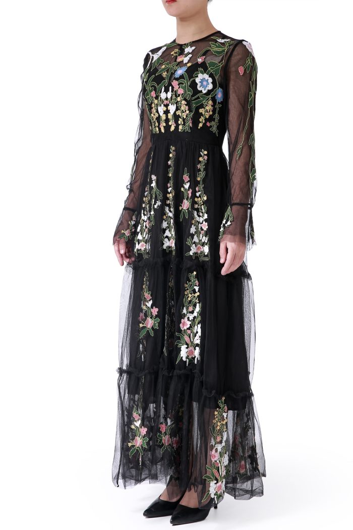 Black mesh embroidered dress